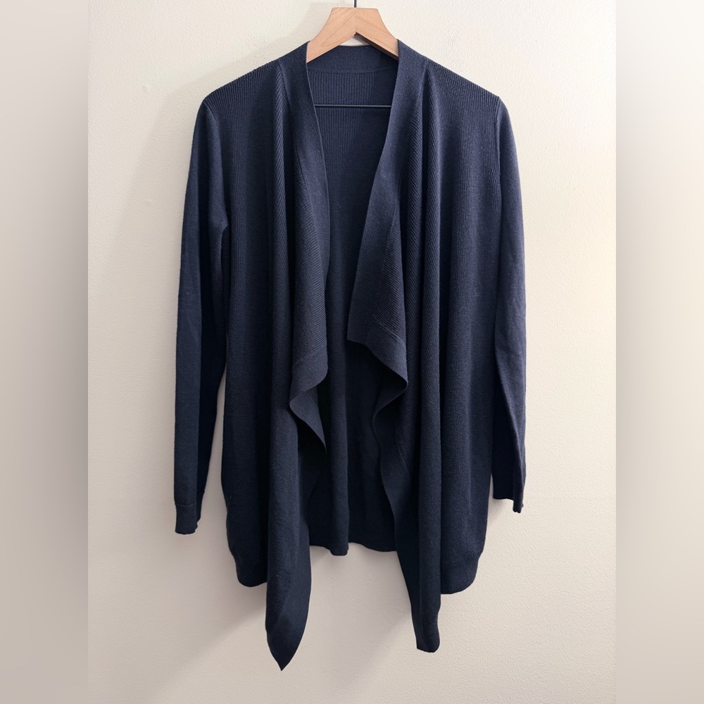 Theory Merino Wool Ribbed Navy Blue Open Front Cardigan Sweater side pockets S